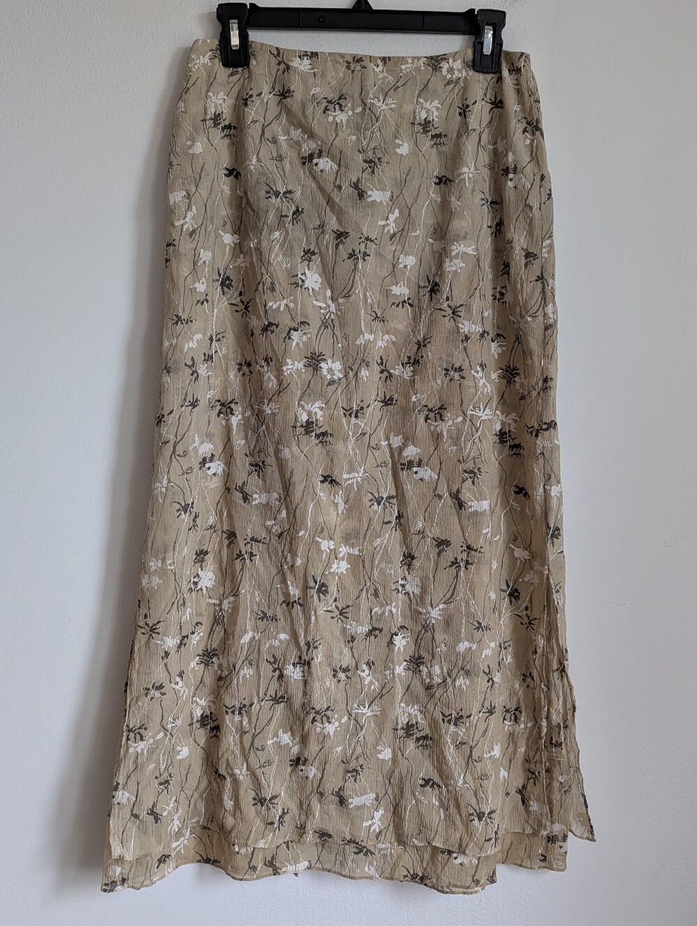 Vintage Y2K Silk Dana Buchman Luxe Beige Floral Crinkle Mesh Maxi Skirt